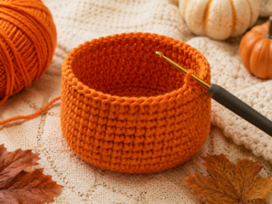 Orange crochet pumpkin pouch taking shape in the round