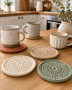 Classic round crochet coasters made with cotton yarn in neutral kitchen colors