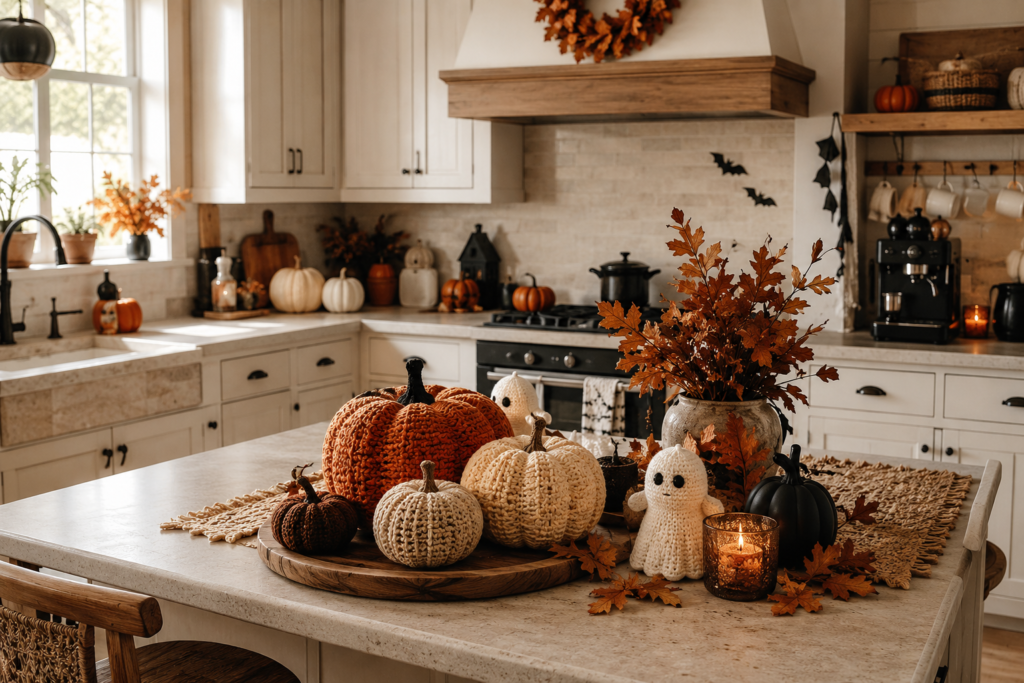 Cozy Halloween kitchen decorated with pumpkins, crochet accents and autumn decor