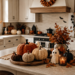 Cozy Halloween kitchen decorated with pumpkins, crochet accents and autumn decor
