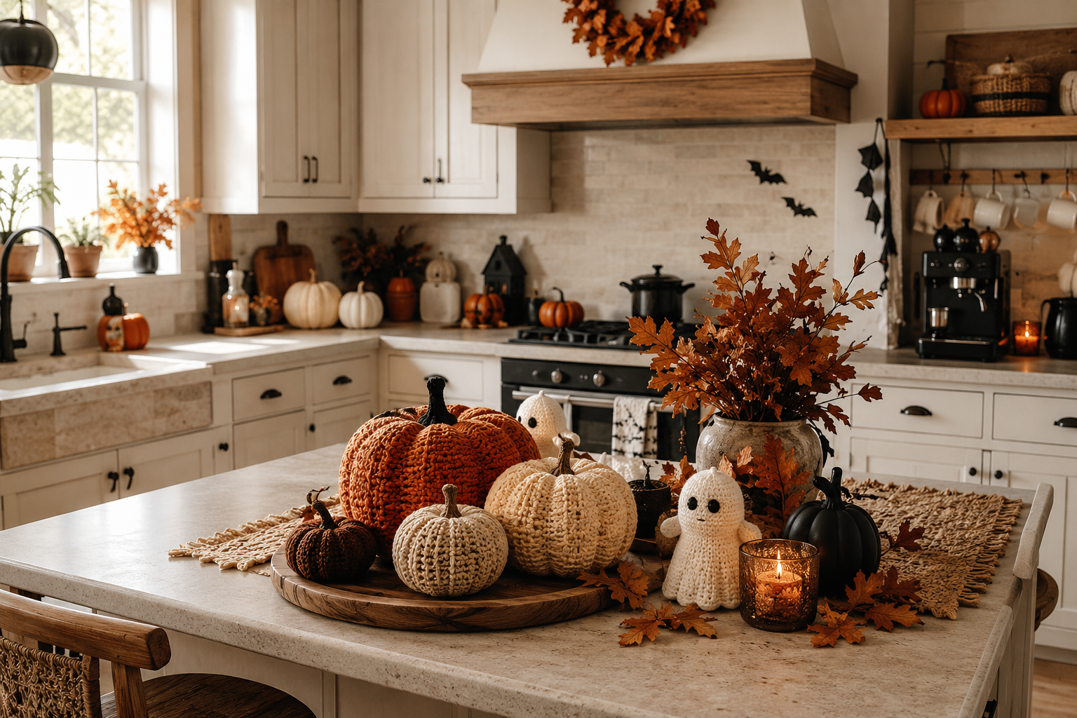 Cozy Halloween kitchen decorated with pumpkins, crochet accents and autumn decor