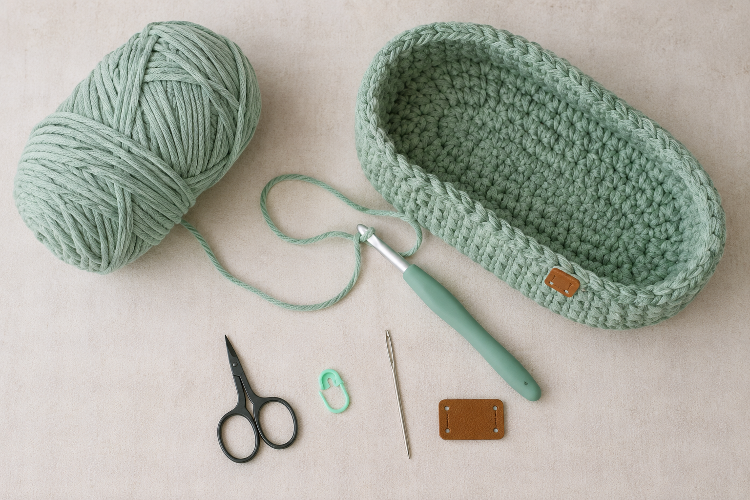 Thick cotton yarn crochet hook scissors stitch marker and supplies for making a crochet daily bag