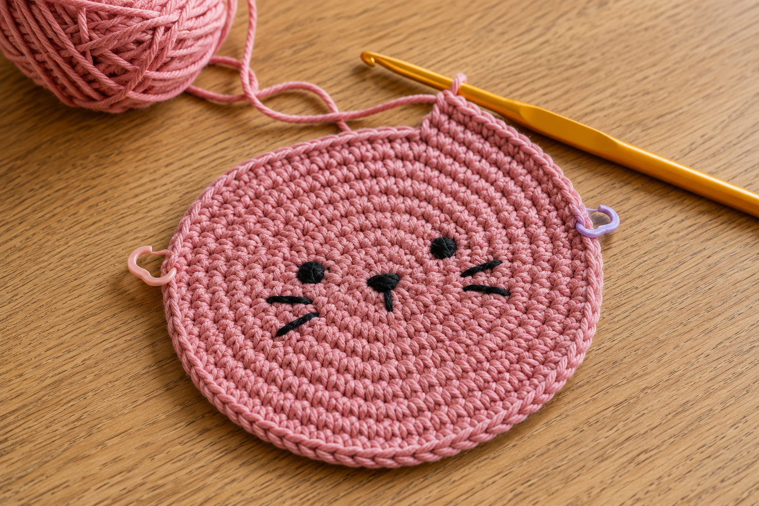 Rounded crochet head shape for a cat coaster before adding the ears