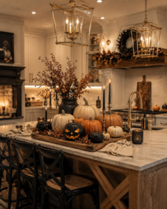 Halloween kitchen island decorated with pumpkins, candles and autumn foliage
