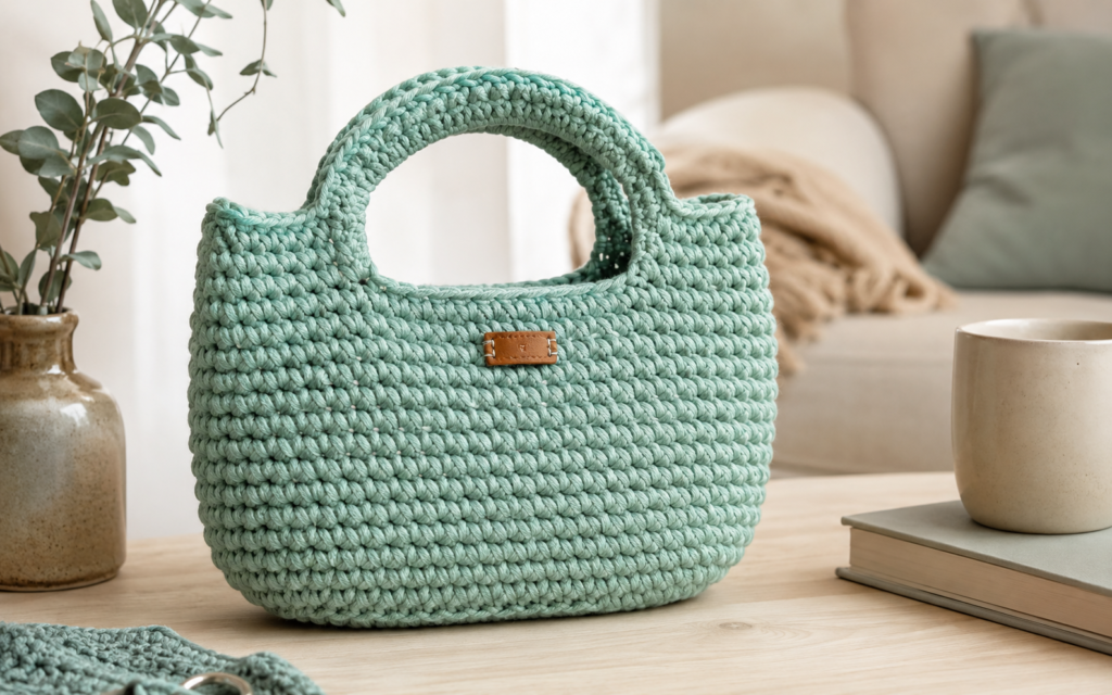 Mint green crochet daily bag for beginners with a rounded shape and comfortable handle