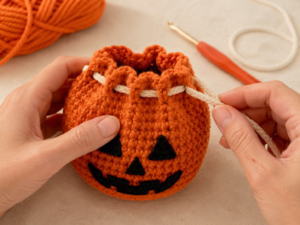 Adding a crochet drawstring through the eyelets of a Halloween treat pouch