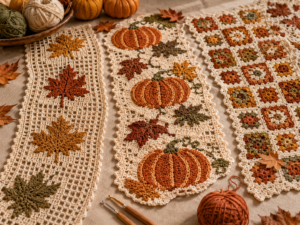 Maple leaf and pumpkin crochet table runner ideas for fall