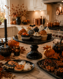 Halloween dessert display with cupcakes, cookies, pumpkins and seasonal kitchen decor