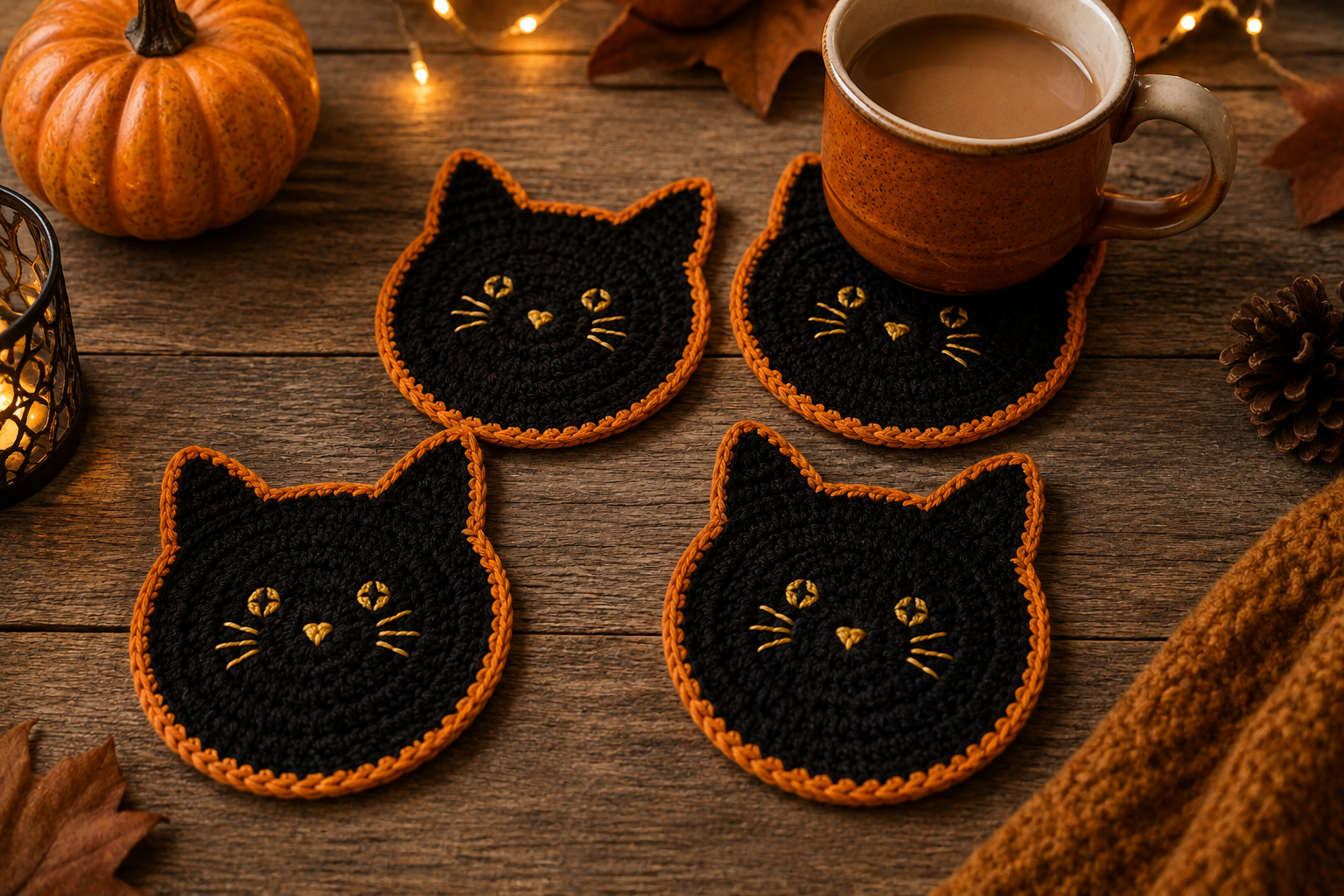 Black cat crochet coaster with orange border for Halloween