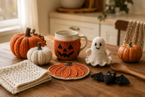 Crochet pumpkins, ghost, coaster and mug cozy used as Halloween kitchen decor