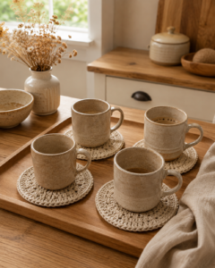 Handmade crochet coasters styled with ceramic mugs and a wooden kitchen tray