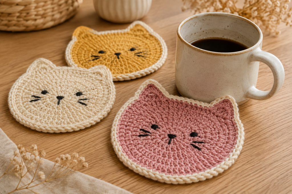 Cute cat-shaped crochet coaster made with cotton yarn