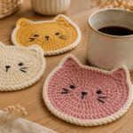 Cute cat-shaped crochet coaster made with cotton yarn