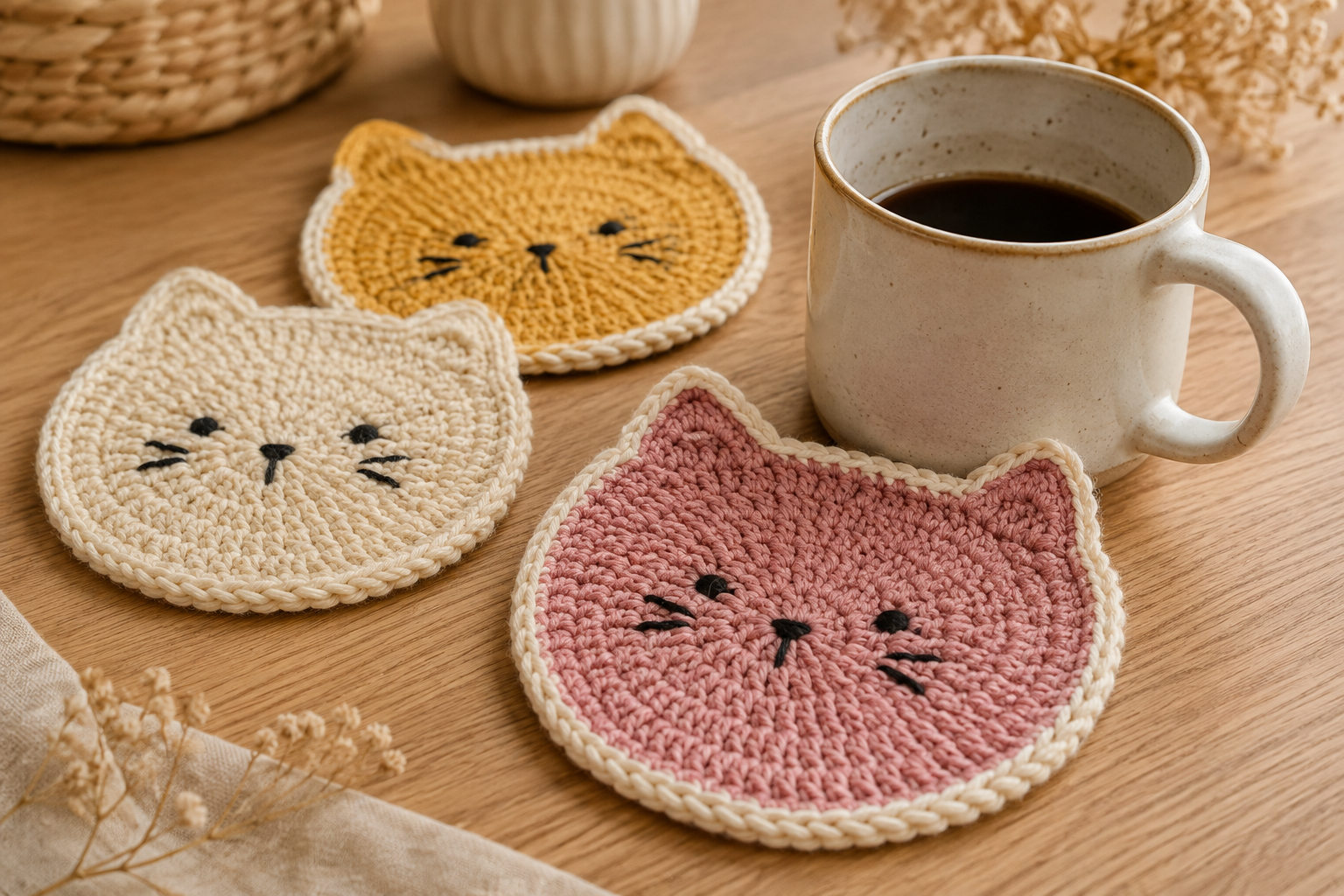 Cute cat-shaped crochet coaster made with cotton yarn