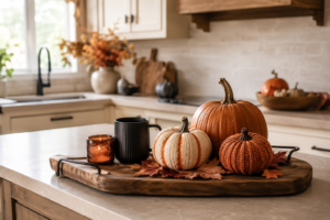 Halloween pumpkins and crochet decorations arranged on a kitchen countertop