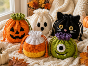 Pumpkin ghost black cat candy corn and monster crochet Halloween treat pouches