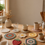 Collection of handmade crochet coasters in colorful designs styled on a kitchen table
