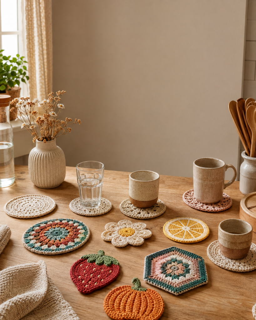 Collection of handmade crochet coasters in colorful designs styled on a kitchen table