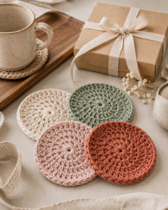 Handmade crochet coaster gift set with four colorful coasters and ribbon