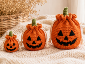 Mini standard and large crochet Halloween treat pouches in different sizes