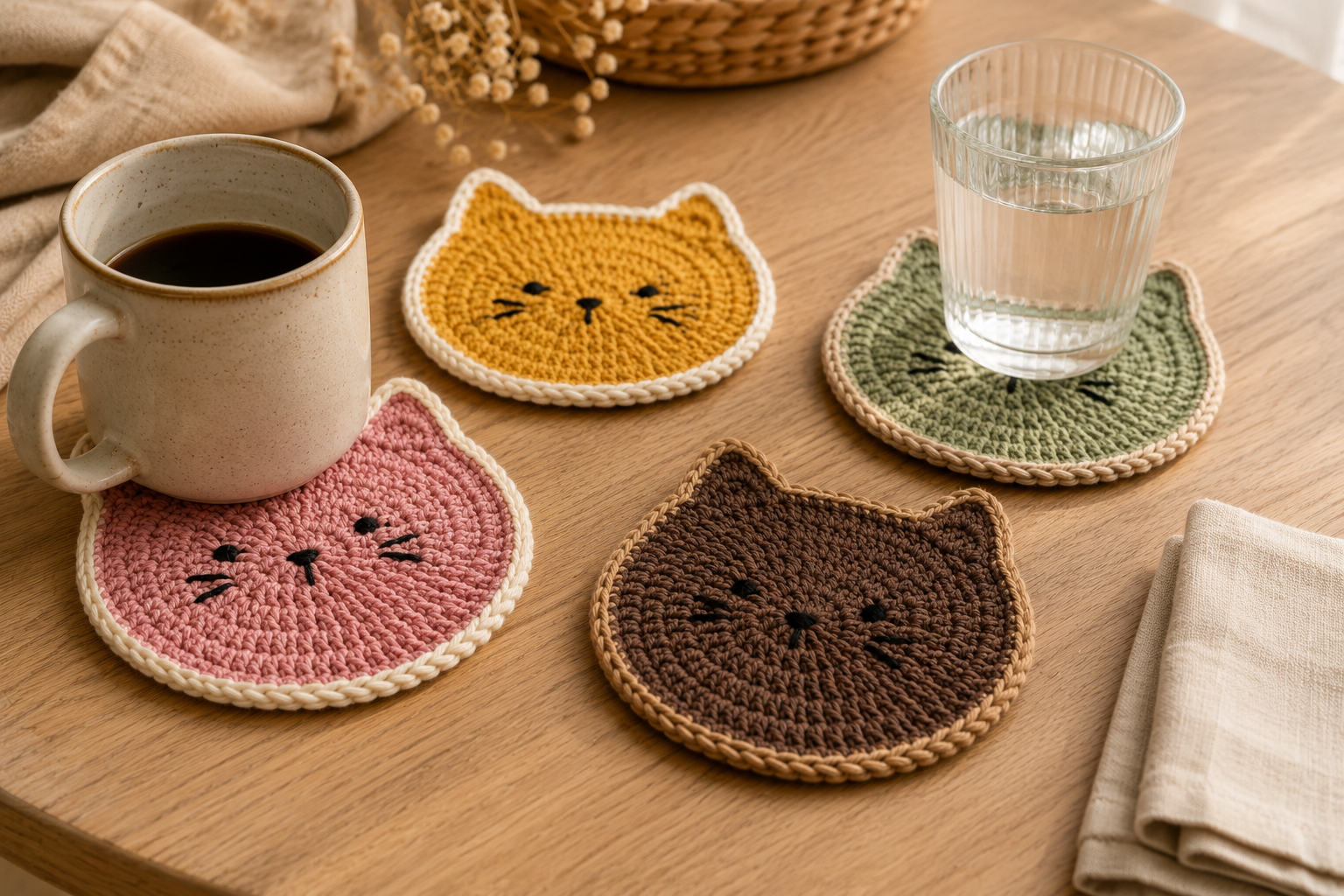 Set of colorful handmade crochet cat coasters