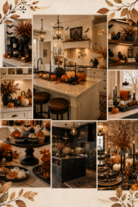 Collage of Halloween kitchen decorating ideas with pumpkins, candles, shelves and party decor