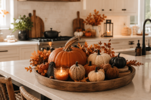 Halloween pumpkin centerpiece with crochet pumpkins on a kitchen island