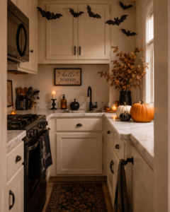 Small kitchen decorated for Halloween with mini pumpkins, hanging bats and seasonal accents