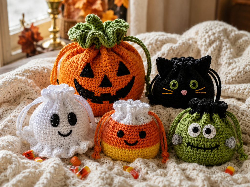 Crochet Halloween treat pouches including pumpkin and ghost designs