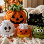 Crochet Halloween treat pouches including pumpkin and ghost designs