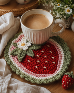 Crochet strawberry mug rug with a coffee cup in a cozy kitchen