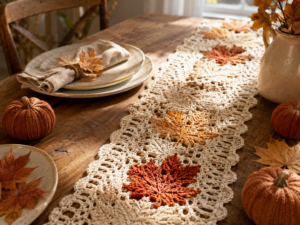 Crochet autumn leaves table runner for fall decor