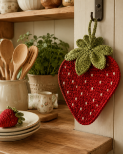 Handmade crochet strawberry potholder hanging in a cozy kitchen