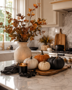 Kitchen countertop decorated with mini pumpkins and elegant Halloween accents
