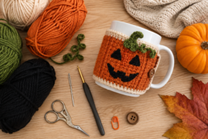Orange cream green and black yarn with crochet hook and finished pumpkin mug cozy
