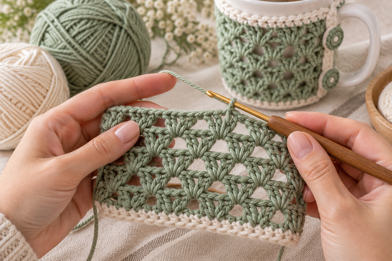 How to Crochet the V-Stitch Lace V-stitch lace texture used in an easy crochet mug cozy pattern