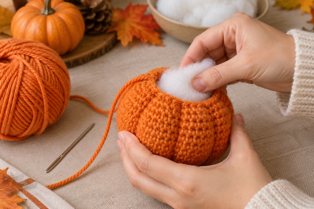 Handmade orange crochet pumpkin being filled with soft fiberfill stuffing