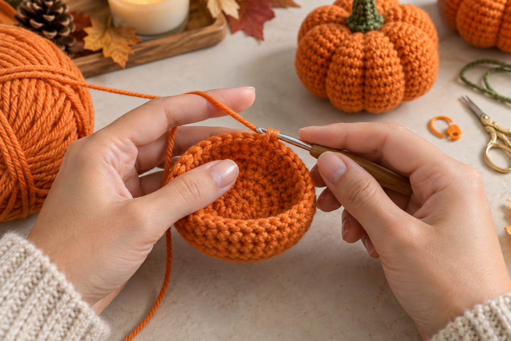 Orange crochet pumpkin being shaped with single crochet stitches and increases