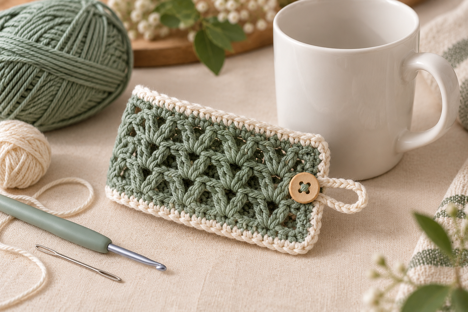 Crochet Mug Cozy Border and Button Closure Crochet mug cozy with cream border and button loop closure