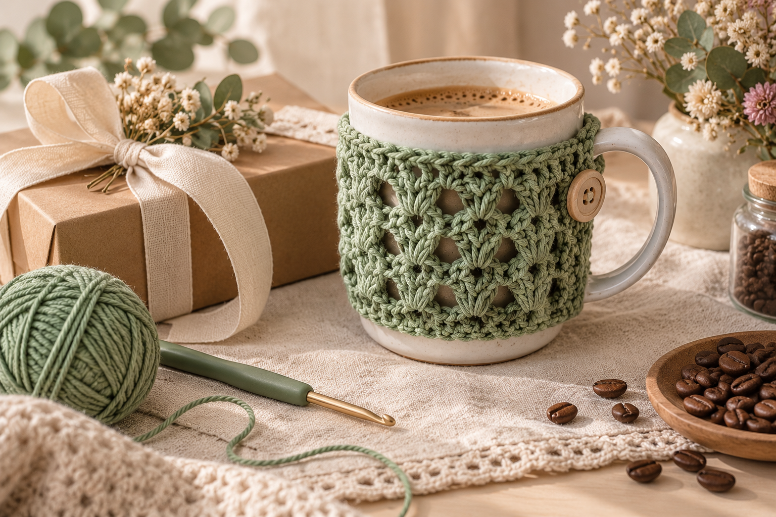Handmade Crochet Mug Cozy Gift Idea Handmade crochet mug cozy styled with a coffee mug as a gift idea