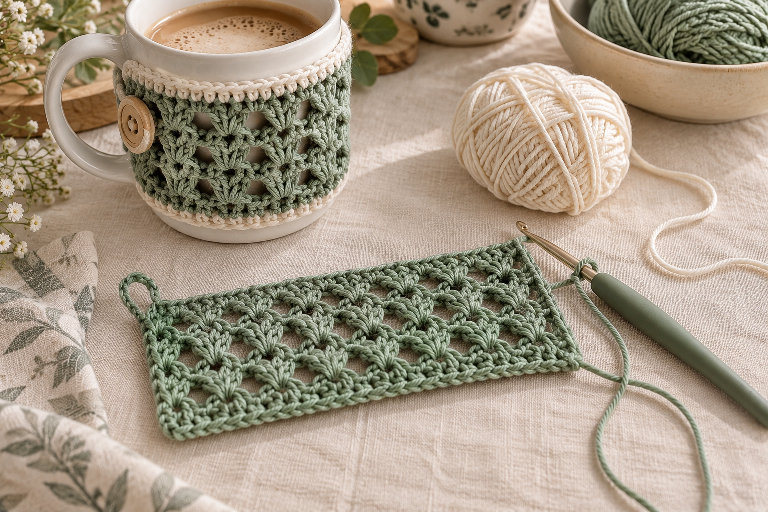 Crochet Mug Cozy Lace Pattern Open V-stitch lace pattern on a crochet mug cozy in progress