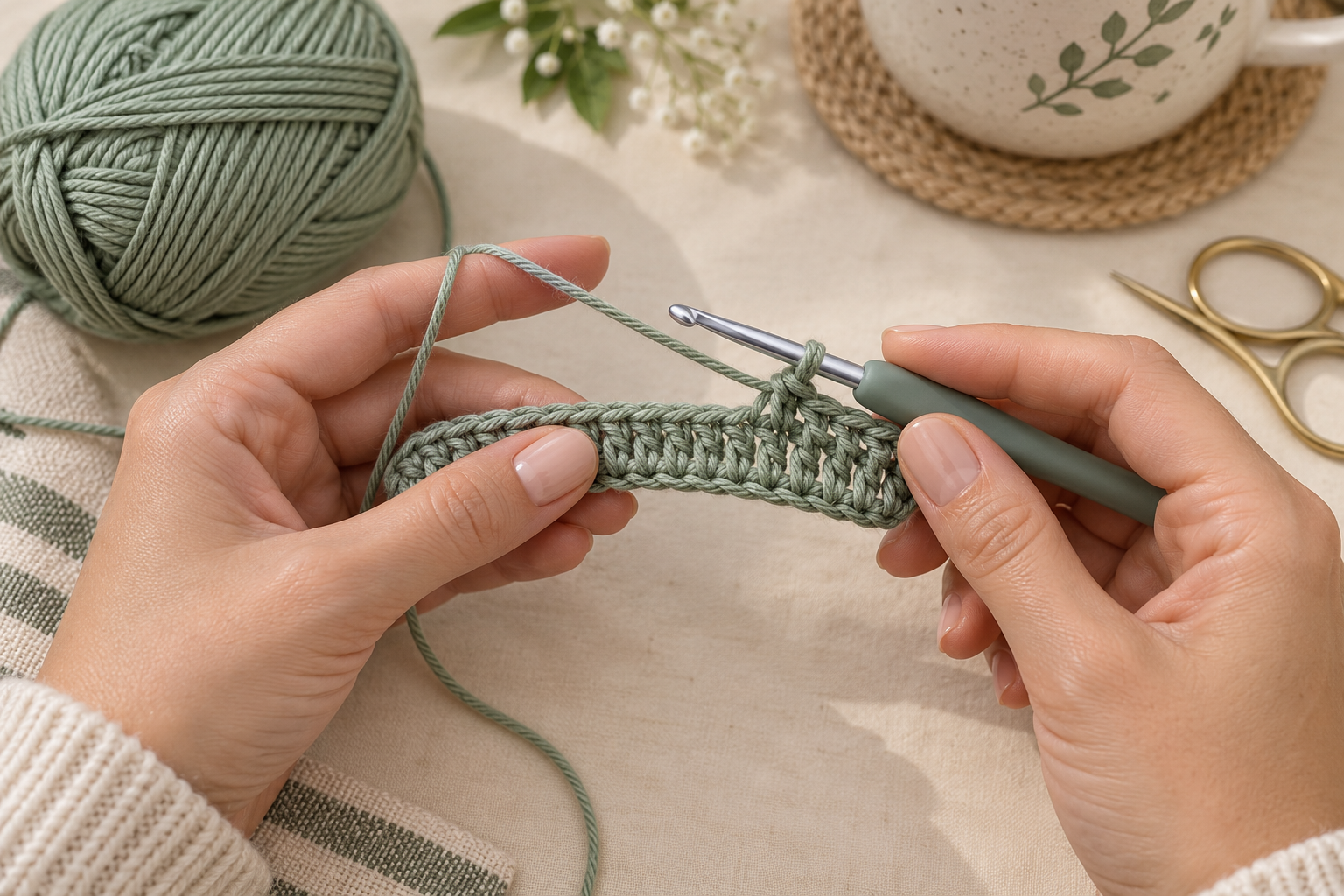 Crochet Mug Cozy Foundation Row Crocheter working the foundation row of a lace mug cozy