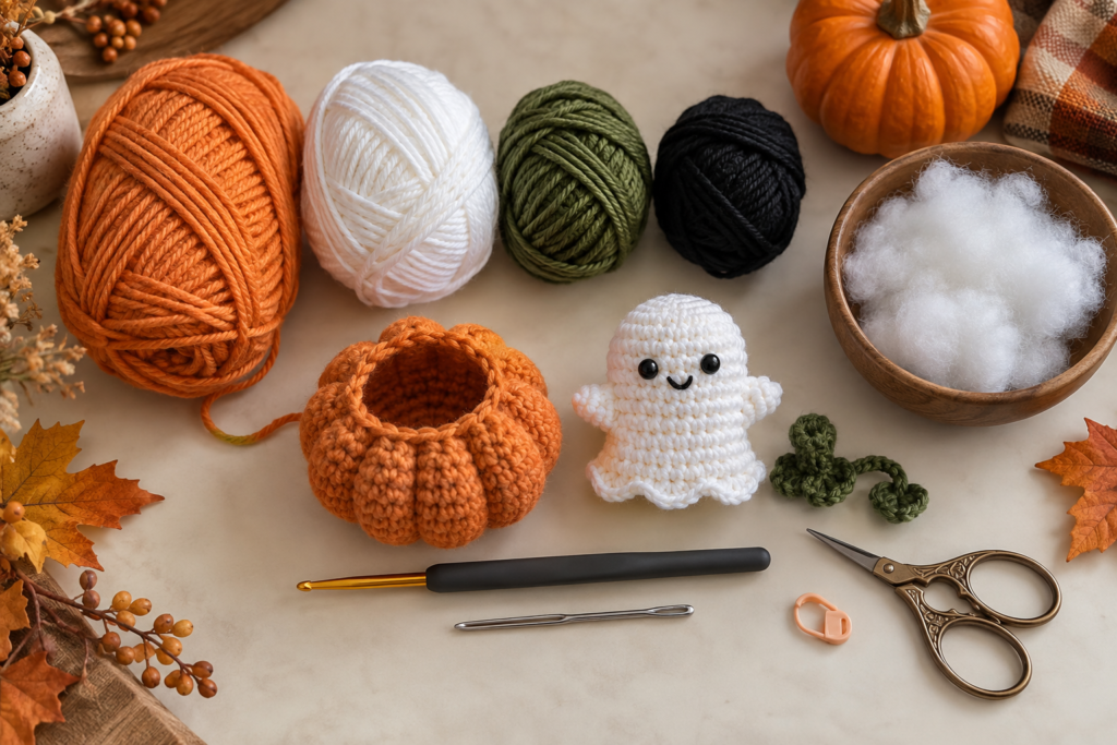 Orange white green and black yarn crochet hook stuffing and supplies for a crochet ghost pumpkin