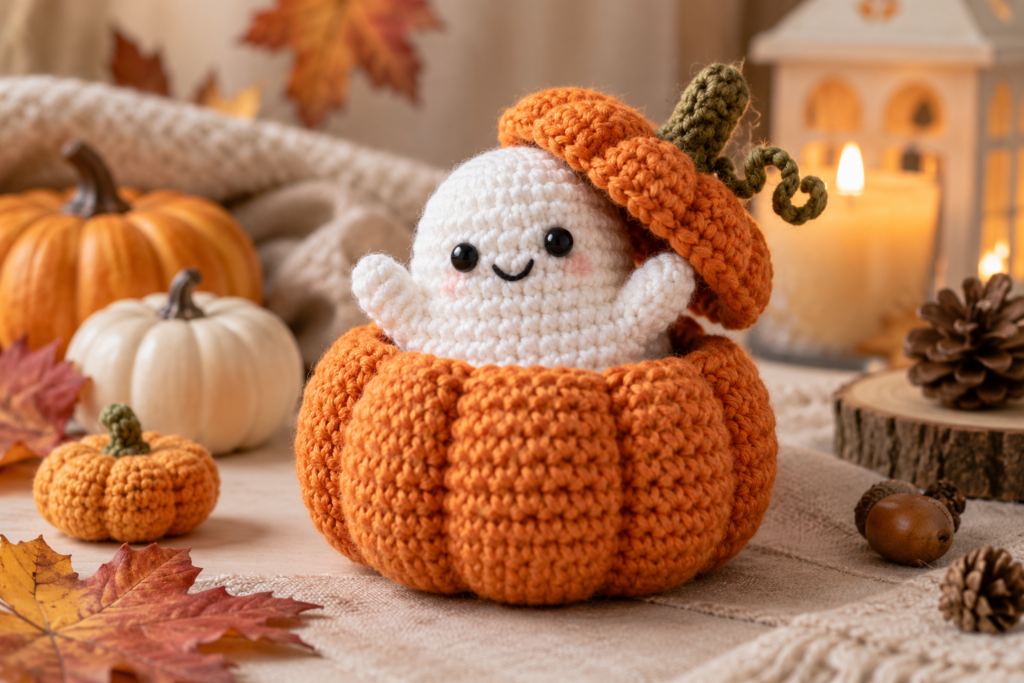 Cute white crochet ghost sitting inside an orange pumpkin Halloween decoration