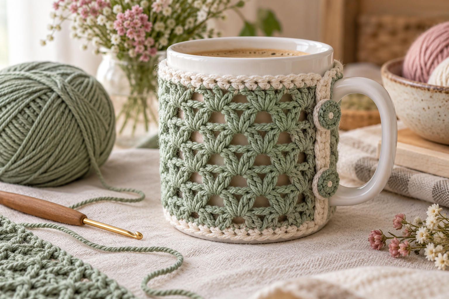 Crochet mug cozy pattern with sage green lace stitches around a white coffee mug