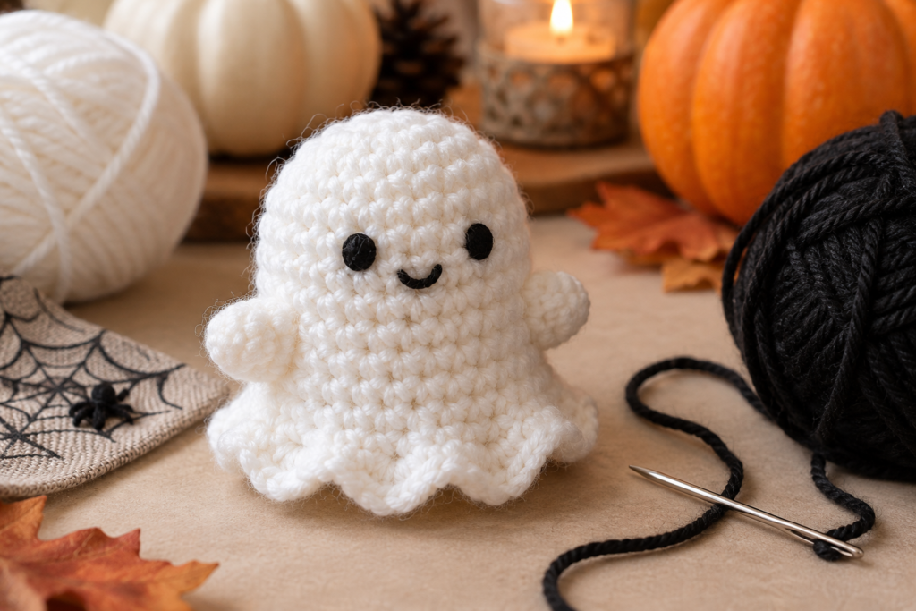 Cute white crochet ghost with embroidered black eyes and smiling mouth