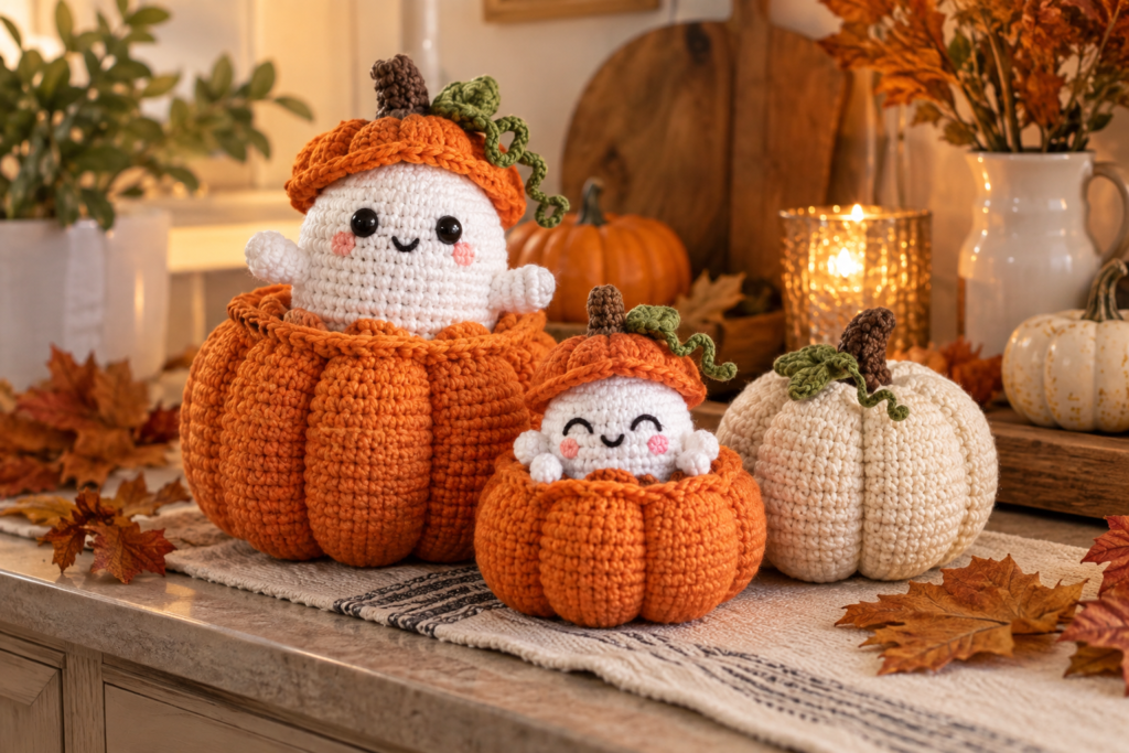 Finished crochet ghost pumpkin displayed as cute Halloween home decor